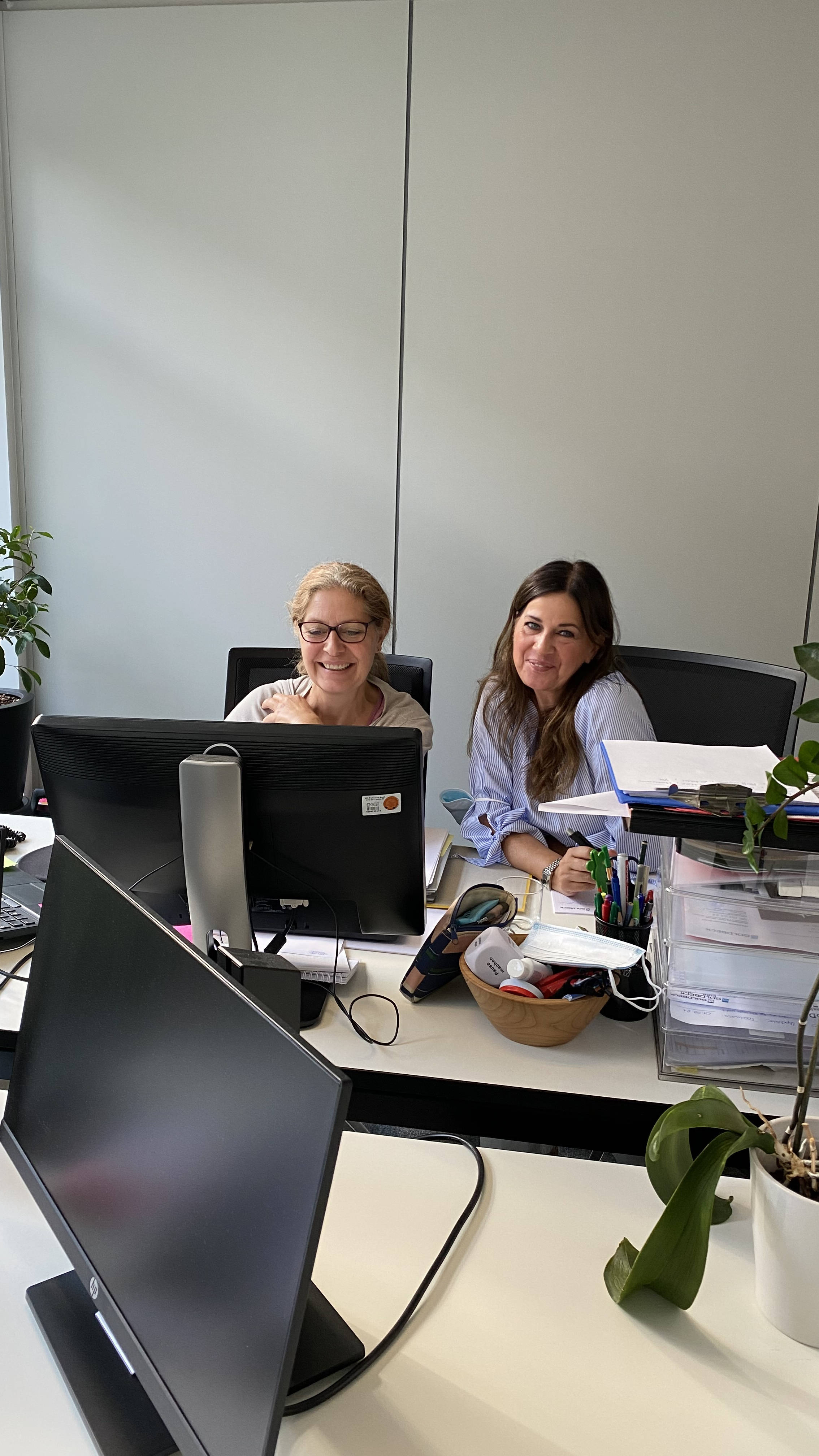 Zwei Frauen arbeiten lächelnd an Computern in einem modernen Büro mit Pflanzen auf den Schreibtischen.