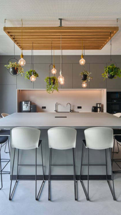 Moderne Küche mit großem Küchentresen, stilvollen Hängelampen und hängenden Pflanzen, umgeben von Barhockern.