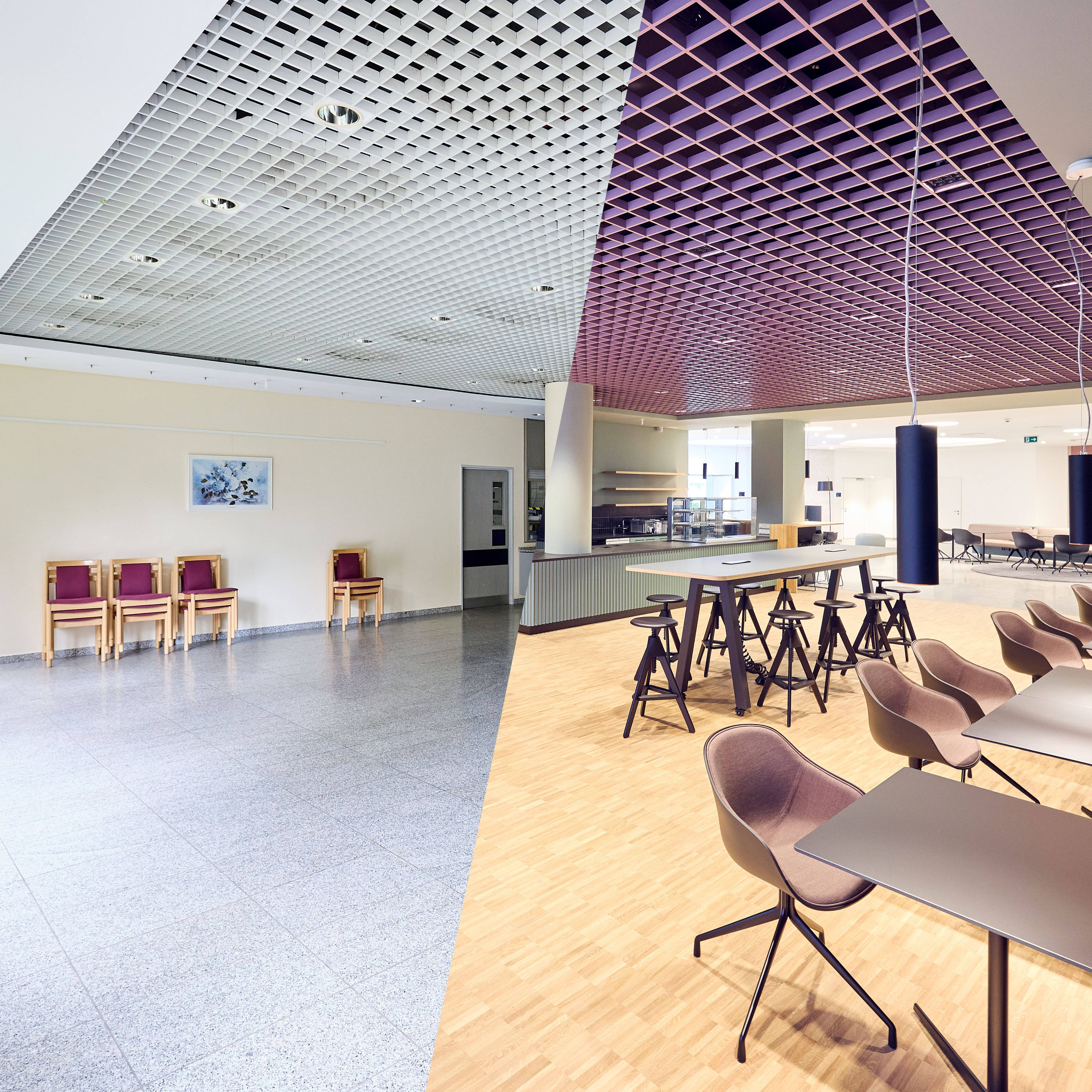 Modern office area compared to the empty room: on the right a stylish cafeteria with tables and chairs, on the left an empty room with chairs against the wall.