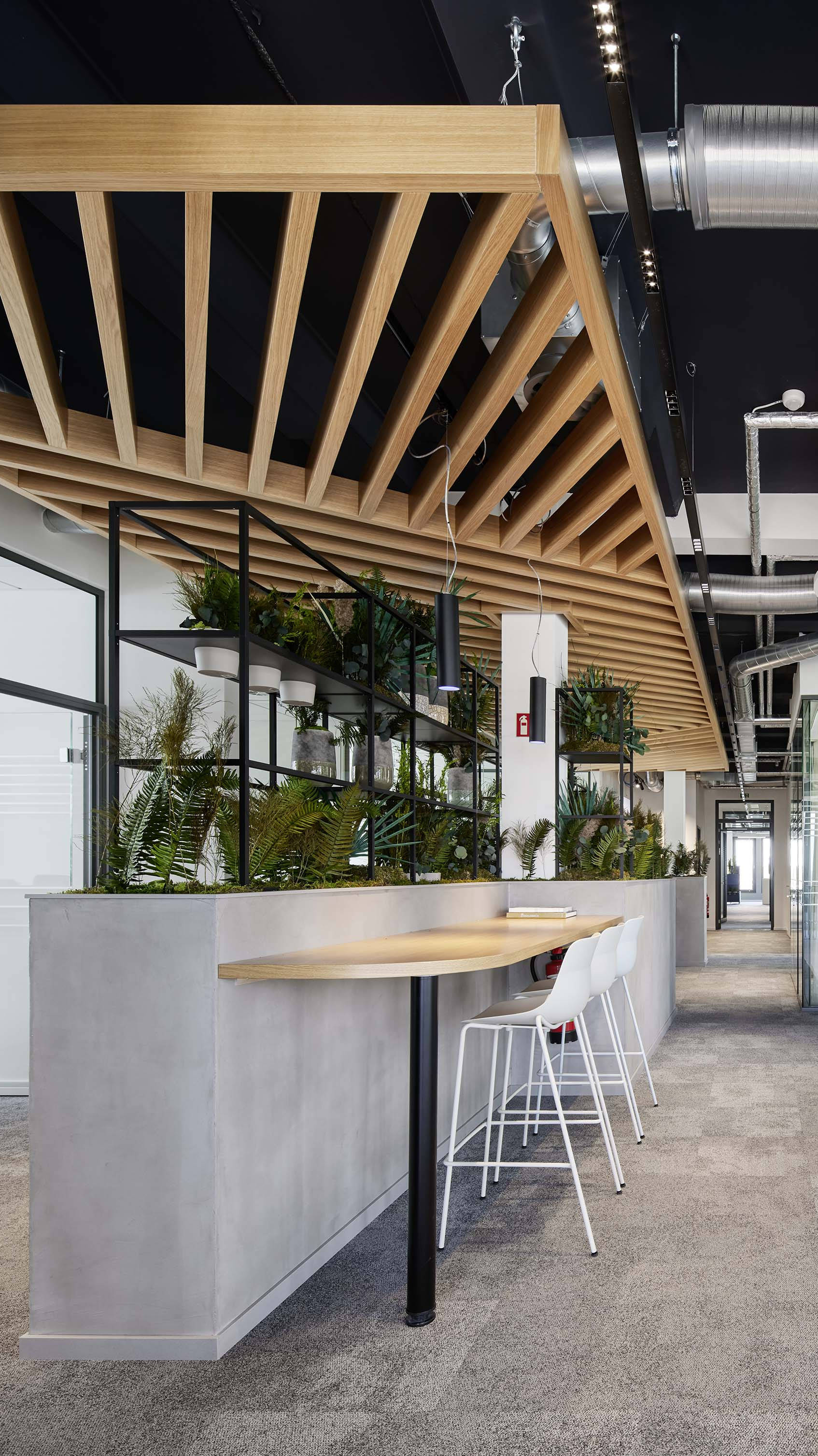 Modernes Büro mit offener Küche, grüner Wand und Pflanzen, Holzelementen und stilvollen Sitzgelegenheiten.