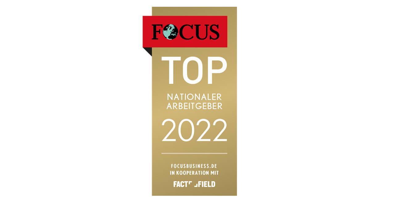 Auszeichnung für "TOP Nationaler Arbeitgeber 2022" von Focus für herausragende Unternehmensleistung.