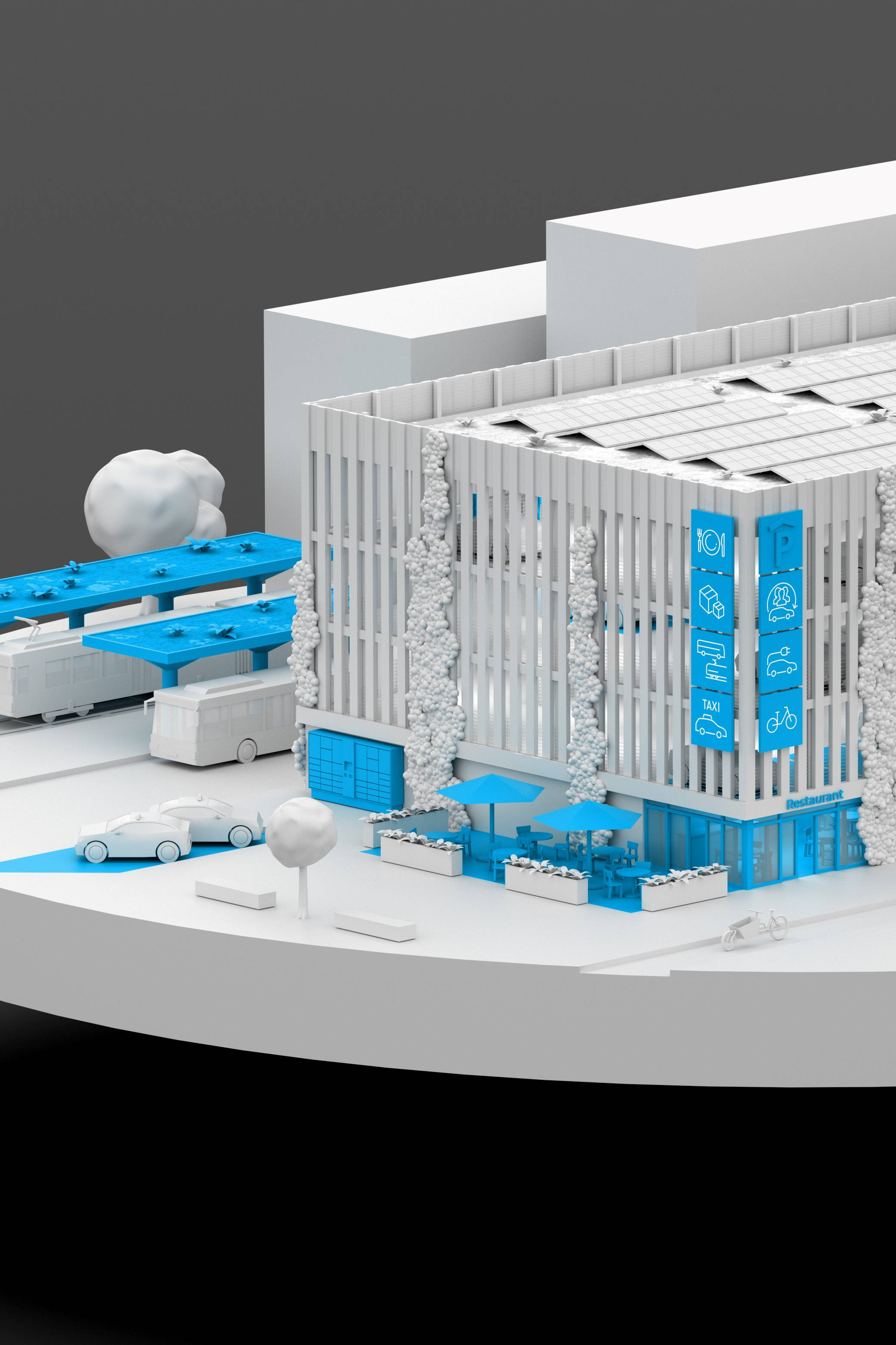 GOLDBECK City Hub Modell with a bus station, in white with blue highlights.