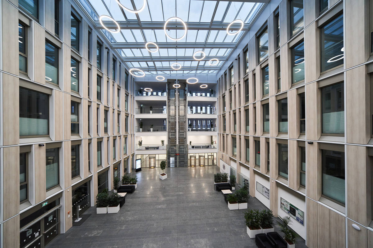 Interior view of the office building reference police headquarters Südosthessen with a view on the inner courtyard