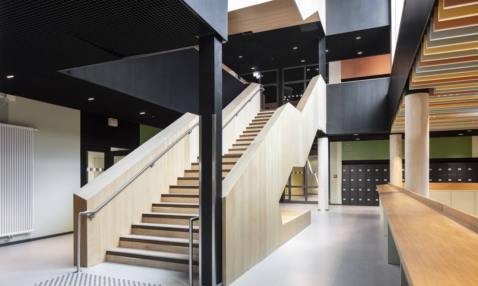 Modern staircase in a school interior.