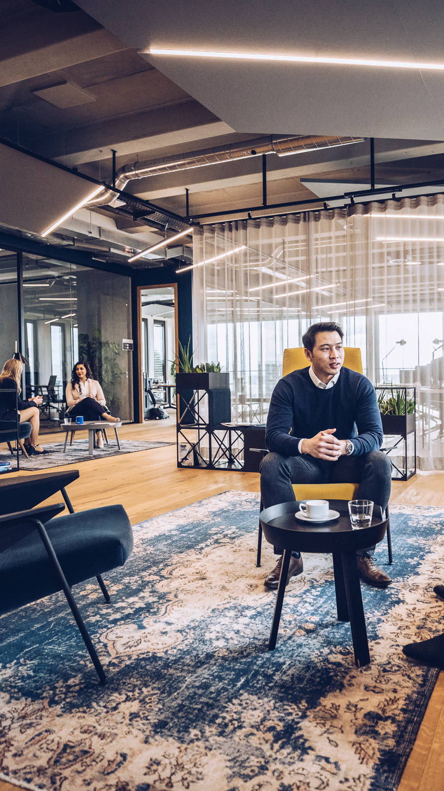 Modern office lounge with four people in conversation, equipped with stylish furniture and plants, large windows in the background.
