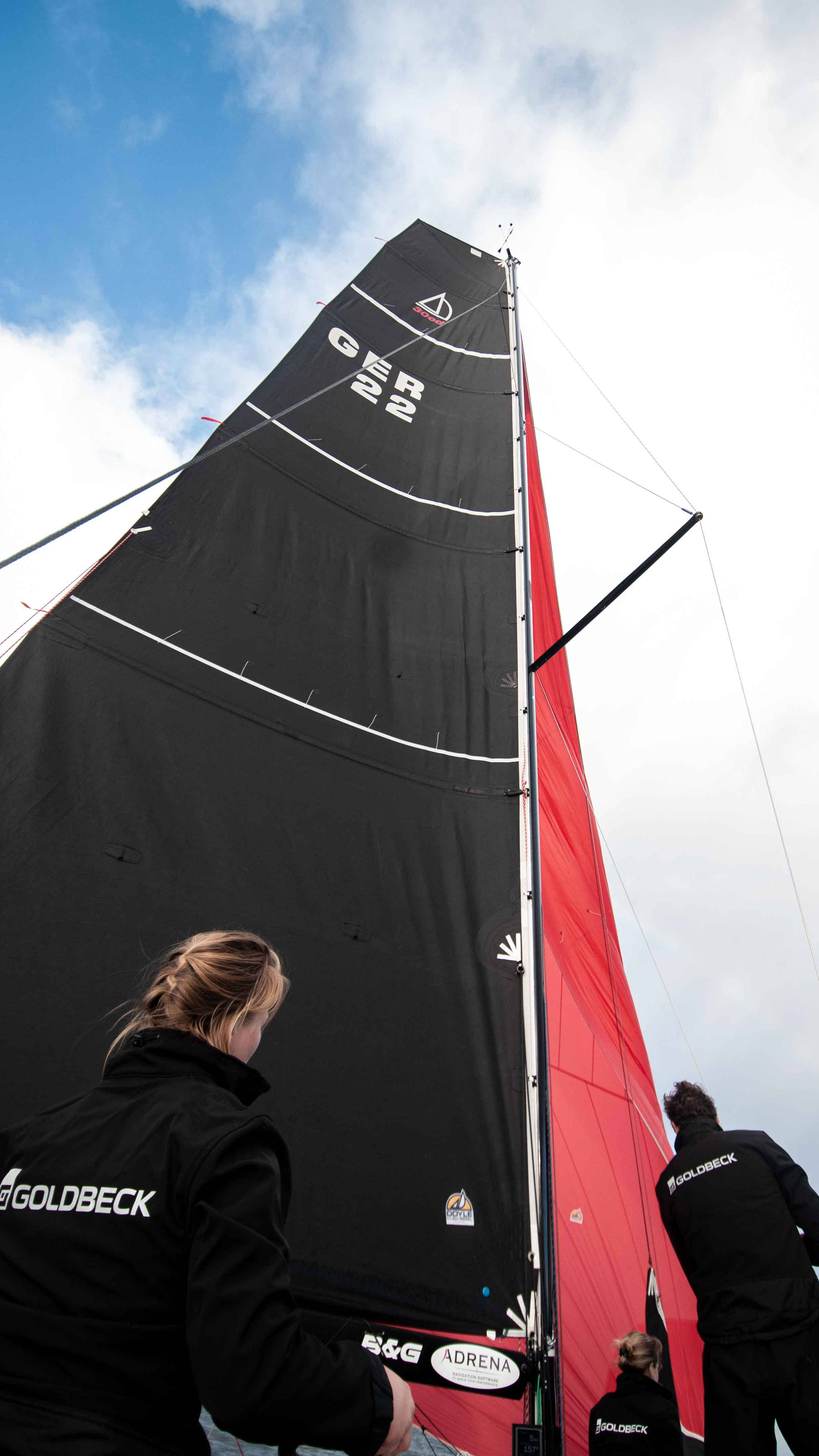 Segelboot mit schwarzem Hauptsegel und rotem Focksegel, umgeben von bewölktem Himmel. Zwei Personen in schwarzer Bekleidung arbeiten am Segel.