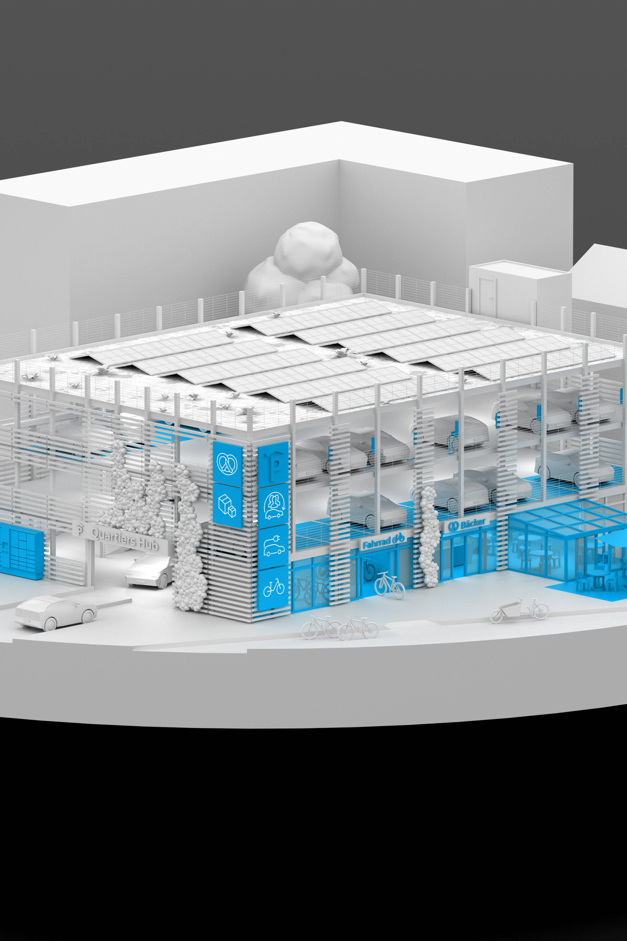 GOLDBECK Quartiers Hub Modell, an upgraded neighbourhood car park, in white with blue highlights
