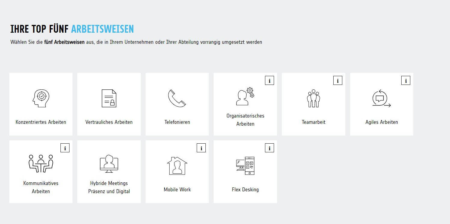 Auswahlmenü zur Priorisierung von Arbeitsweisen: konzentriertes Arbeiten, vertrauliches Arbeiten, Telefonieren, organisatorisches Arbeiten, Teamarbeit, agiles Arbeiten, kommunikatives Arbeiten, hybride Meetings, Mobile Work, Flex Desking.