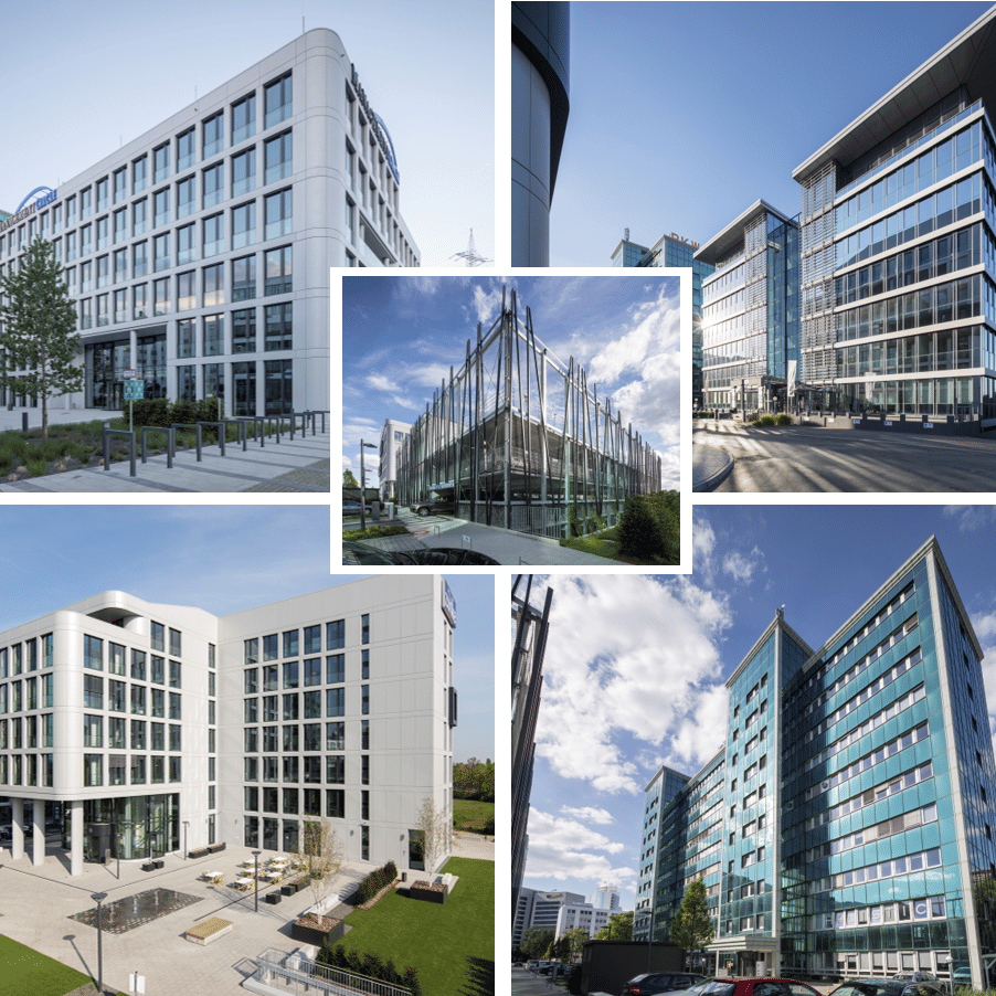 Moderne Bürogebäude mit Glasfassaden an verschiedenen Standorten, die zeitgenössische Architektur zeigen.