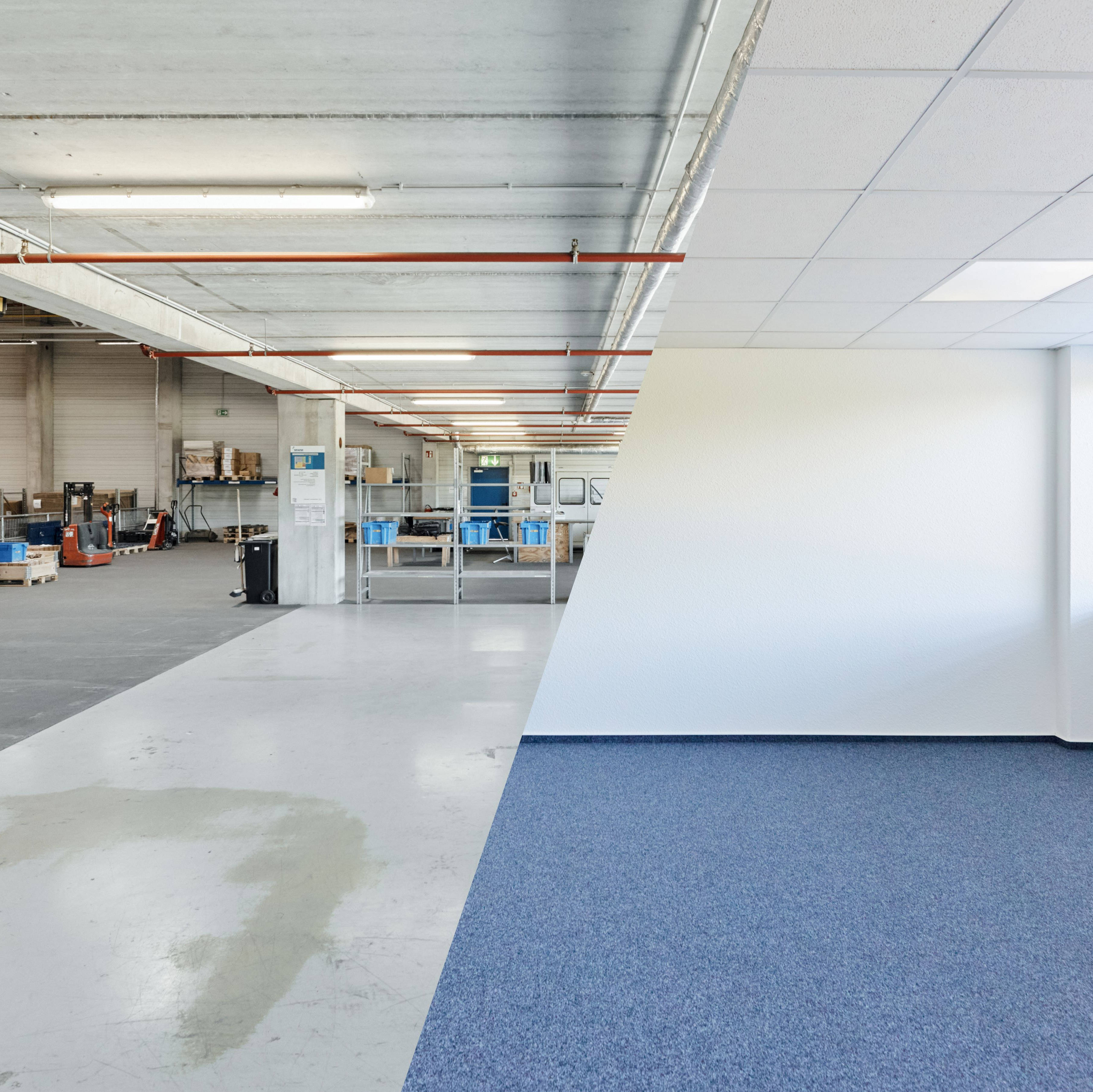 Vergleich von renoviertem und unrenoviertem Raum einer Lagerhalle, kontrastierend saubere Büroumgebung mit industriellem Bereich.