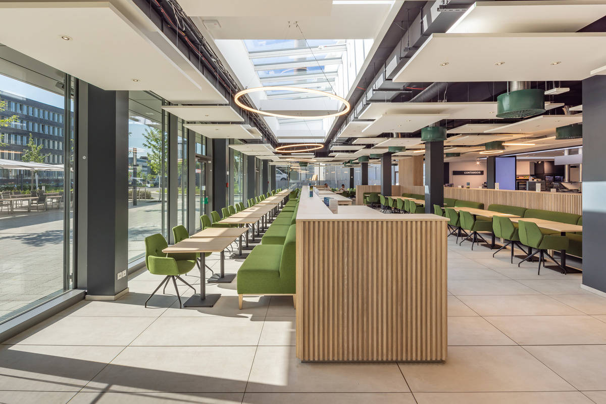 Interior view of the office building reference RWE Campus in Essen with focus on a canteen