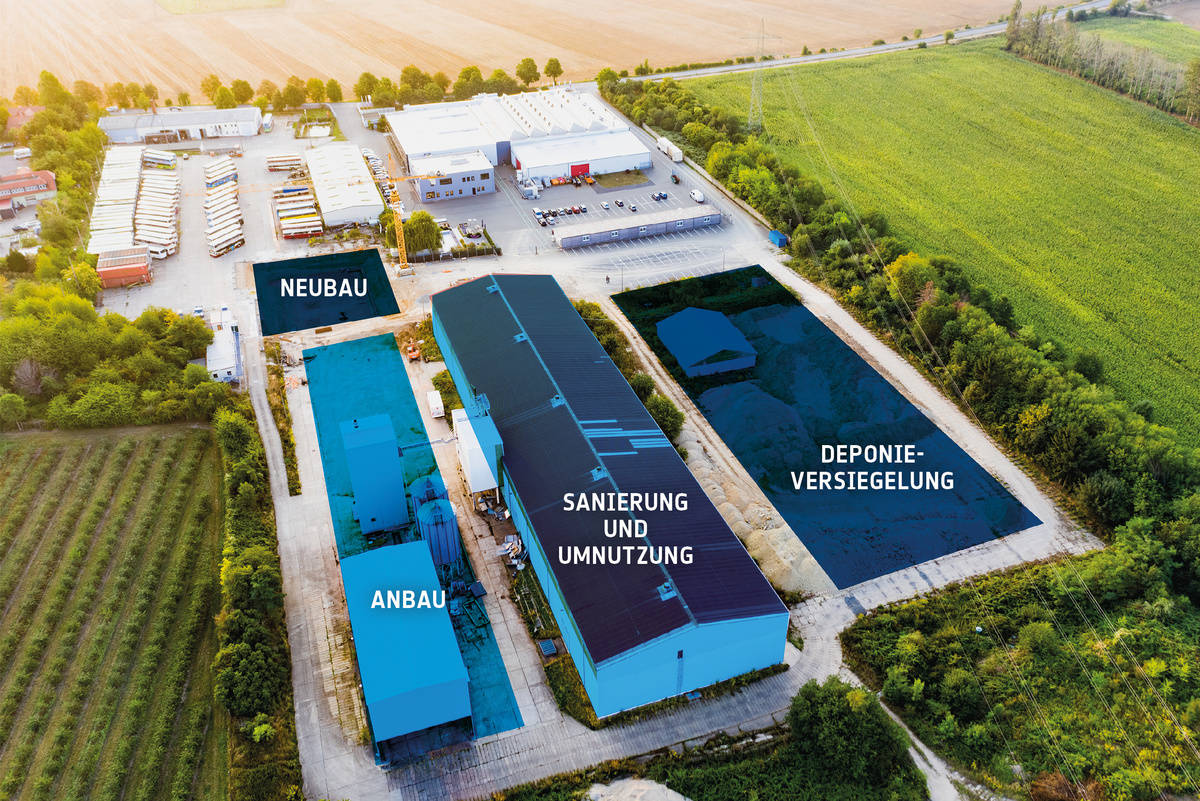 Luftbild eines Industriegebiets mit Plänen für Neubau, Anbau sowie Sanierung und Umnutzung. Rechts ein Bereich zur Deponieversiegelung.