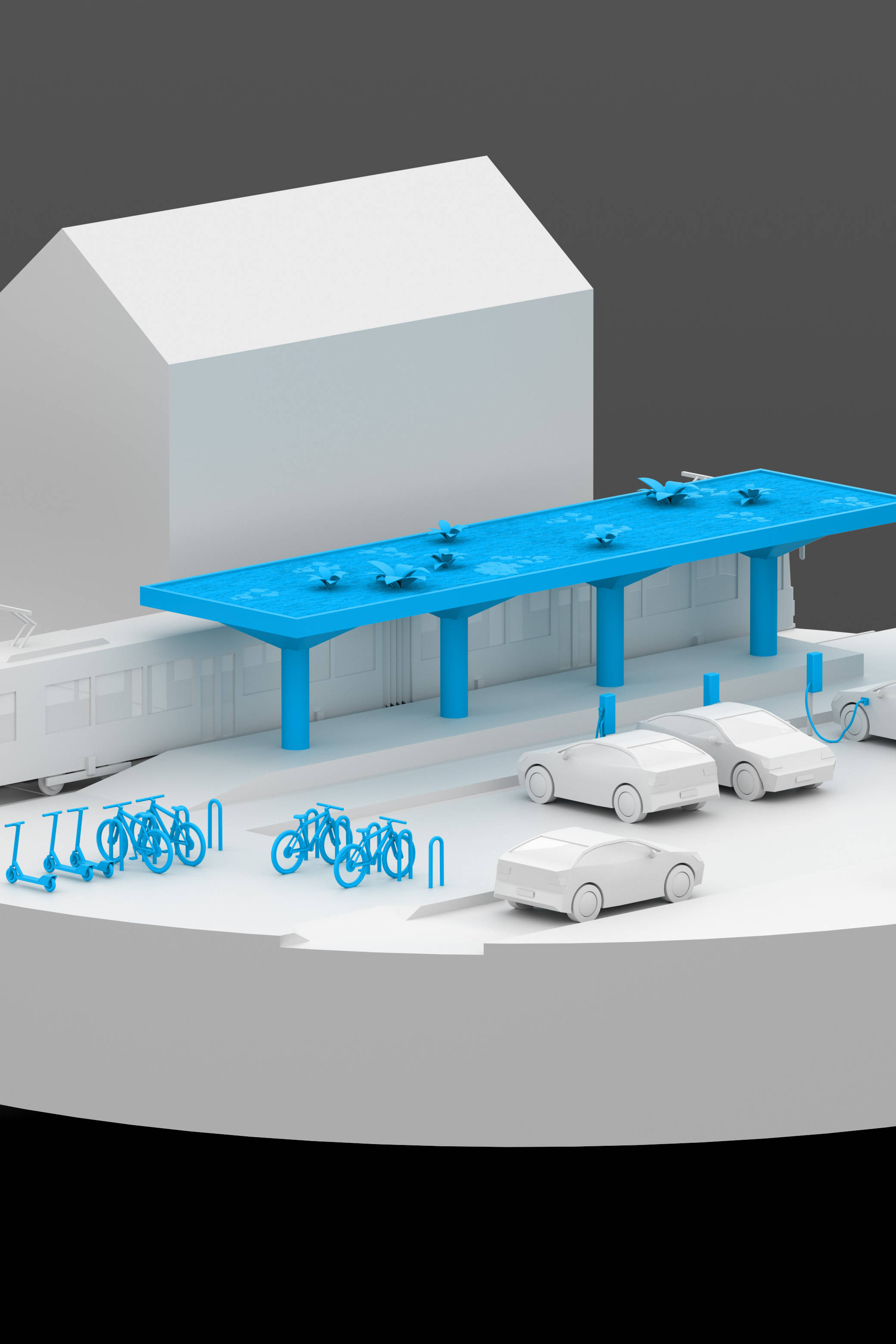 GOLDBECK Mini hub model, a small mobility stations to promote intermodal transport beyond major hubs, in white with blue highlights.