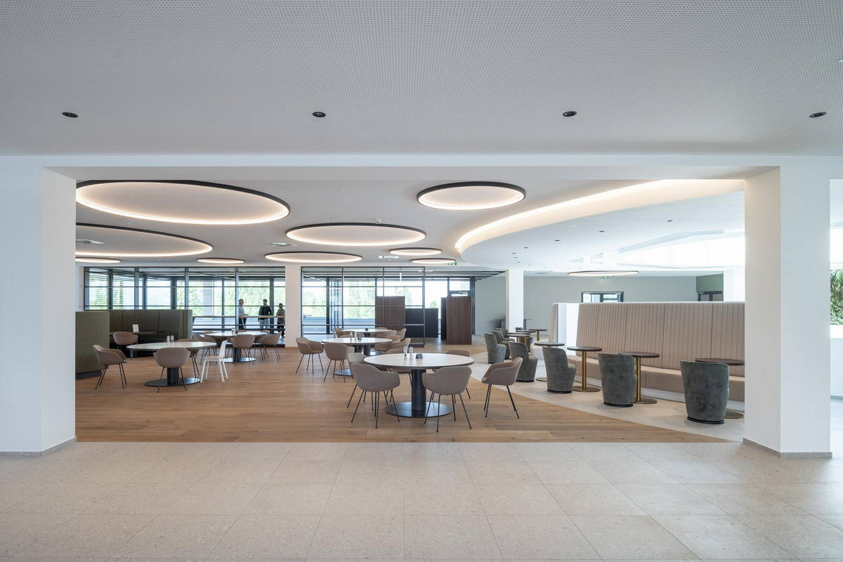 Interior view of the office building reference Heron with a view on the canteen