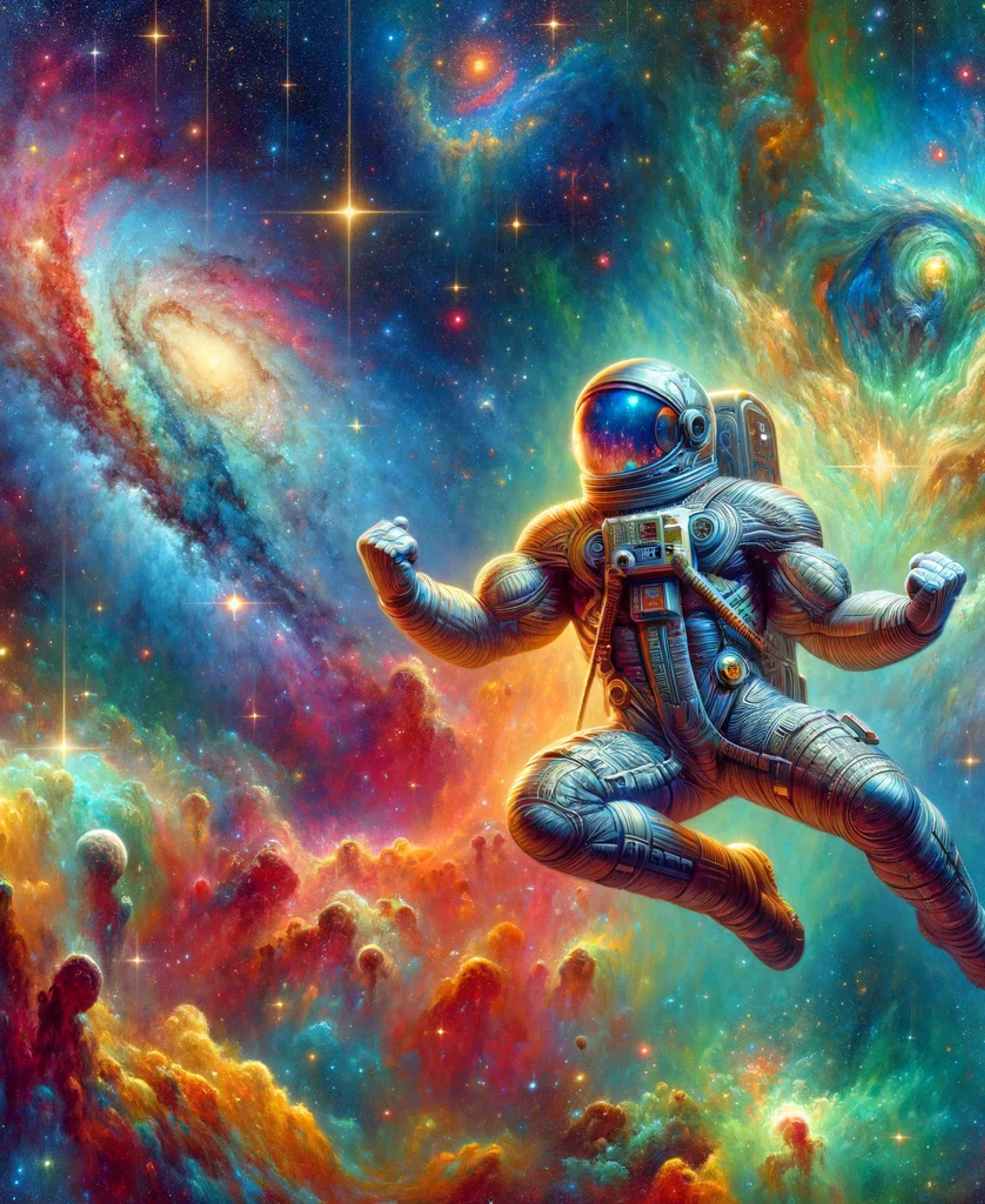 A vivid and colorful depiction of a muscular spaceman, wearing a modern, detailed spacesuit, exercising while floating in a more vibrant and colorful 