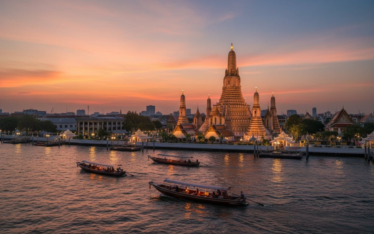 Templul Wat Arun luminat de razele apusului pe malul raului Chao Phraya.LTS