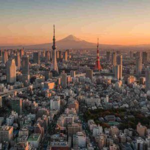 Ce sa vizitezi in Tokyo_Tokyo Skytree, Tokyo Tower, Senso-ji Tokyo si Meiji Shrine Tokyo – atractii emblematice ale orasului_Panorama aeriana spectaculoasa a Tokyo-ului prezentand Tokyo Skytree si Tokyo Tower