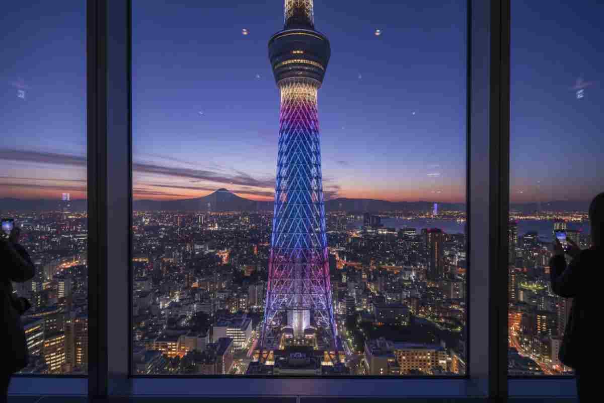 Obiective turistice in Tokyo - Tokyo Skytree cea mai inalta structura din Japonia_Tokyo Skytree iluminat in timpul serii cu priveliste panoramica spectaculoasa asupra orasului.