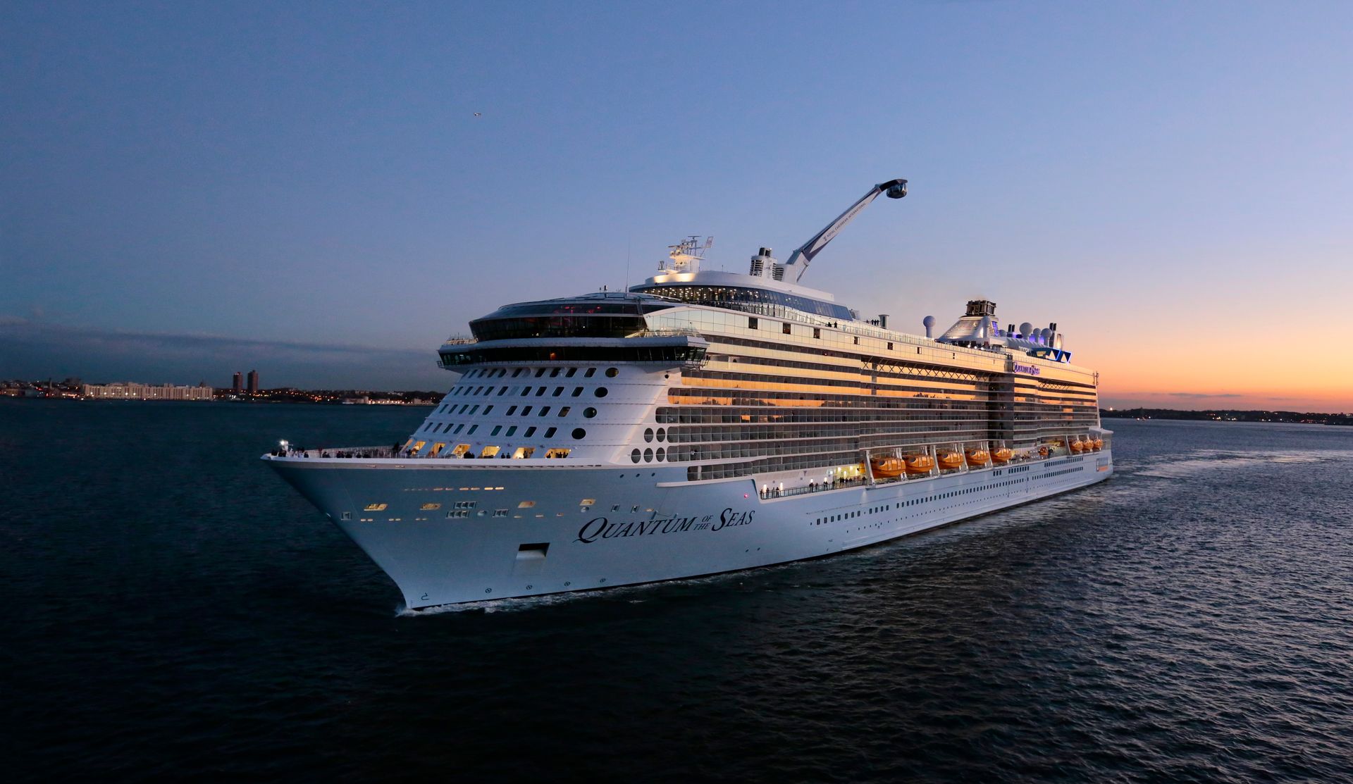Quantum of the Seas arrives to New York City in November, 2014, QN, Aerial, Aerials, skyline, sunset, city at dusk, New Jersey, Bayonne, harbor,
