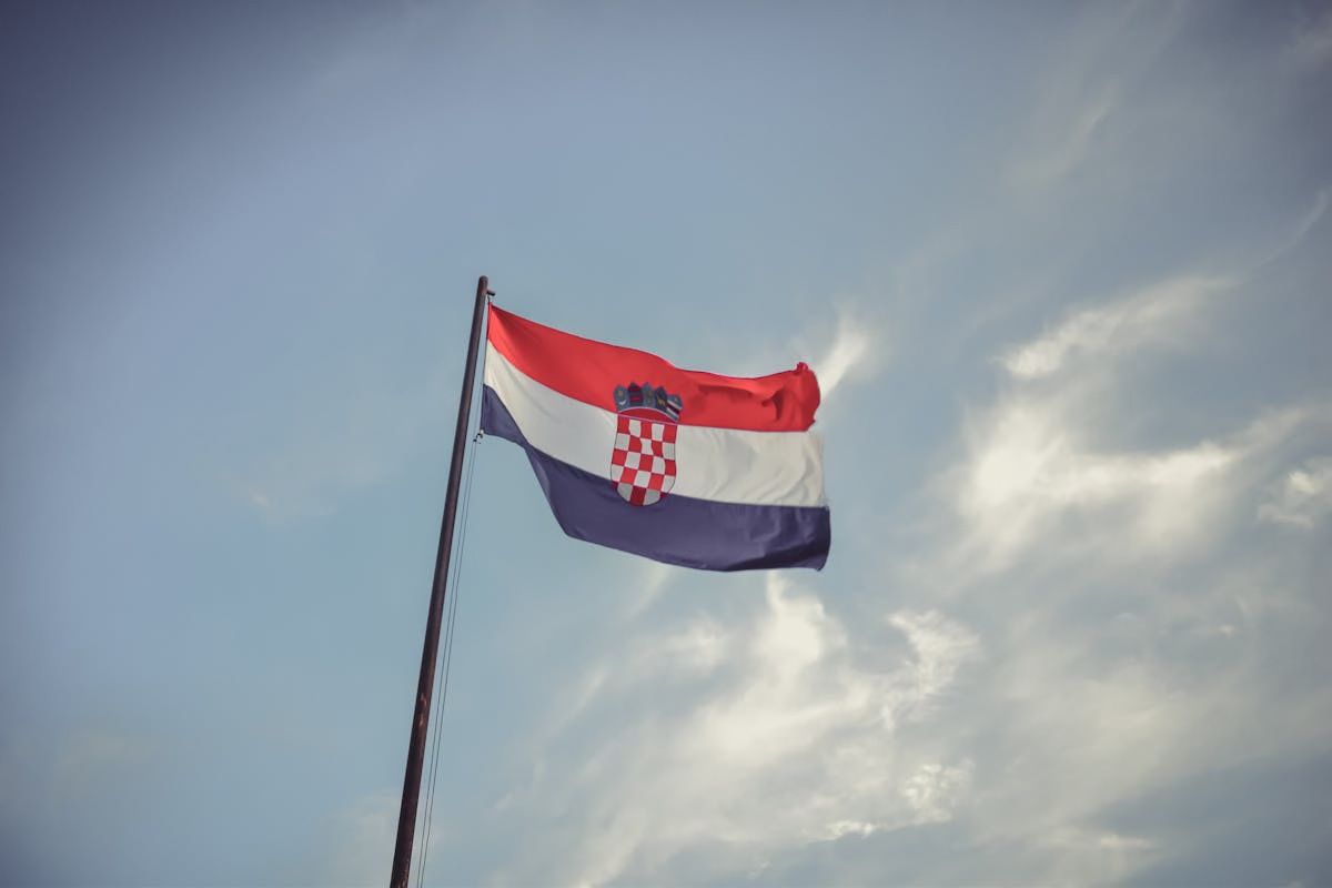 Croatia pe harta Europei (steag, cer, stema Croatiei).lts