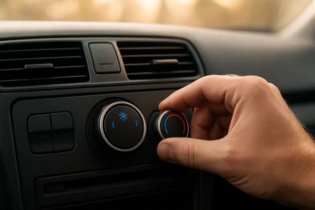 Car dashboard AC vents with the temperature set to cold