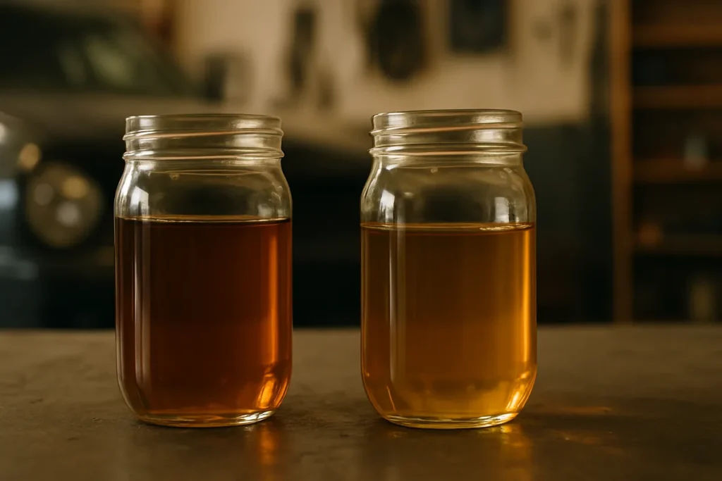 Synthetic vs Conventional Oil: Which Is Better? Two jars of motor oil side by side, conventional and synthetic
