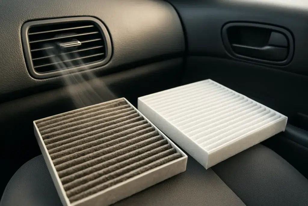 Car air vents blowing air, with a dirty cabin air filter beside a clean one