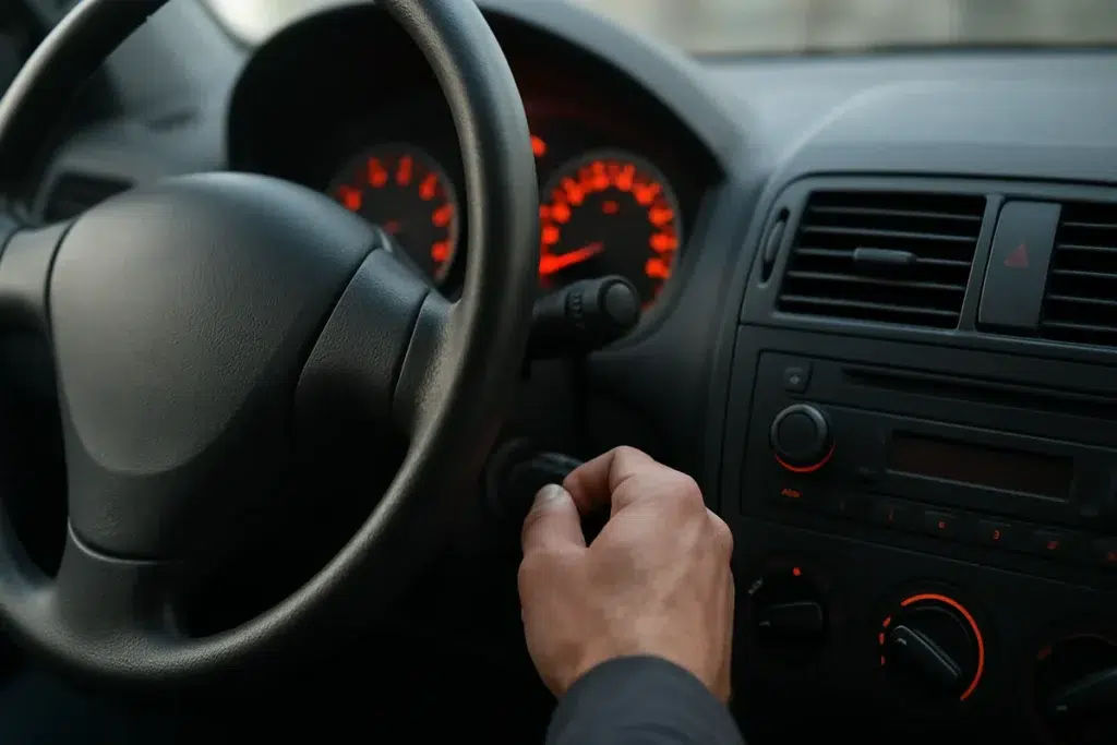 Driver cranking a car engine that turns over but will not start
