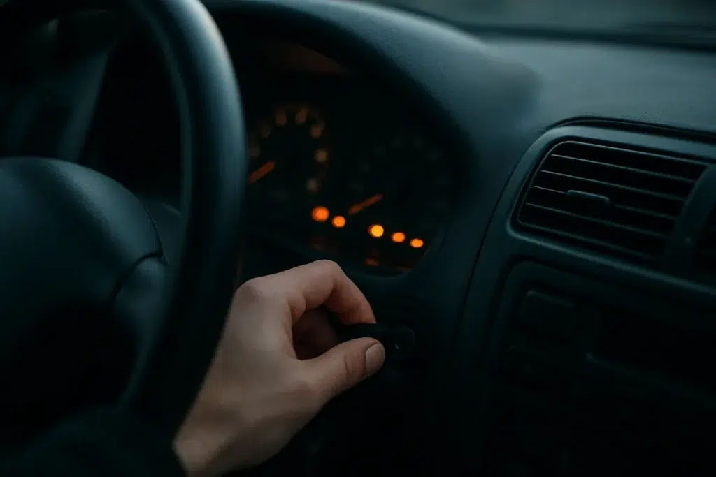 Driver turning the key on a car that only clicks with dim dashboard lights