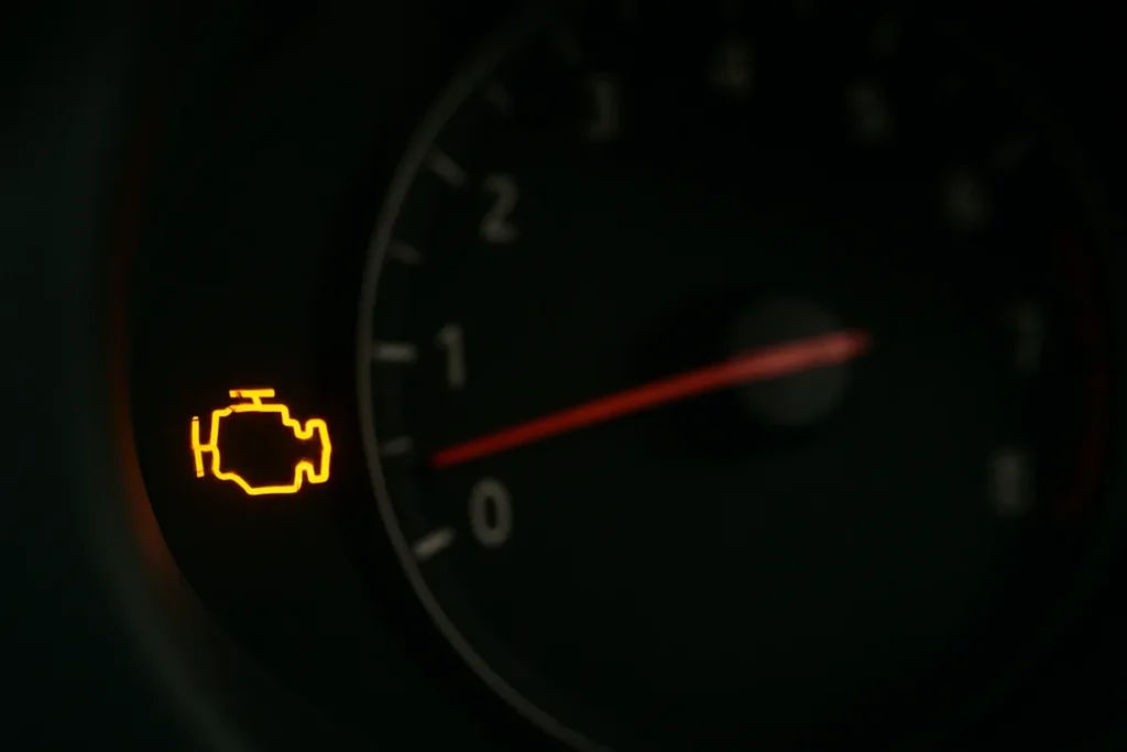 What Does the Check Engine Light Mean? Steady vs Flashing Amber check engine light glowing on a car's dashboard instrument cluster