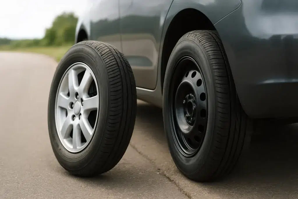 Compact donut spare tire mounted on a car wheel