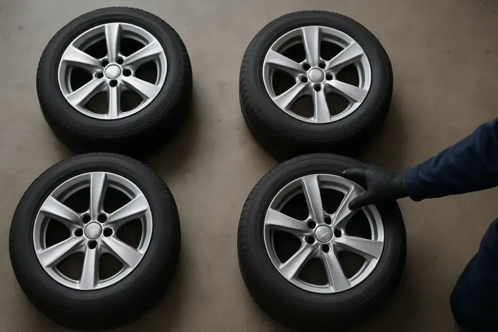 How Often Should You Rotate Your Tires? Diagram showing tire rotation pattern arrows between four wheel positions