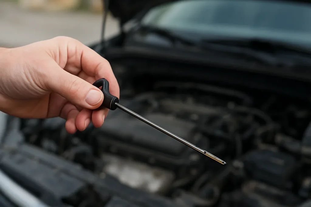 Hand holding an engine oil dipstick showing the level between the min and max marks