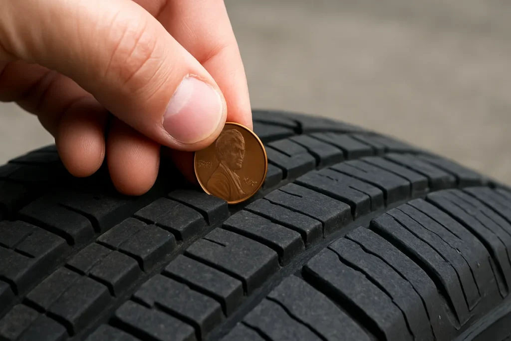 How to Check Tire Tread Depth (Penny Test) Penny inserted into a tire tread groove to check depth using the penny test