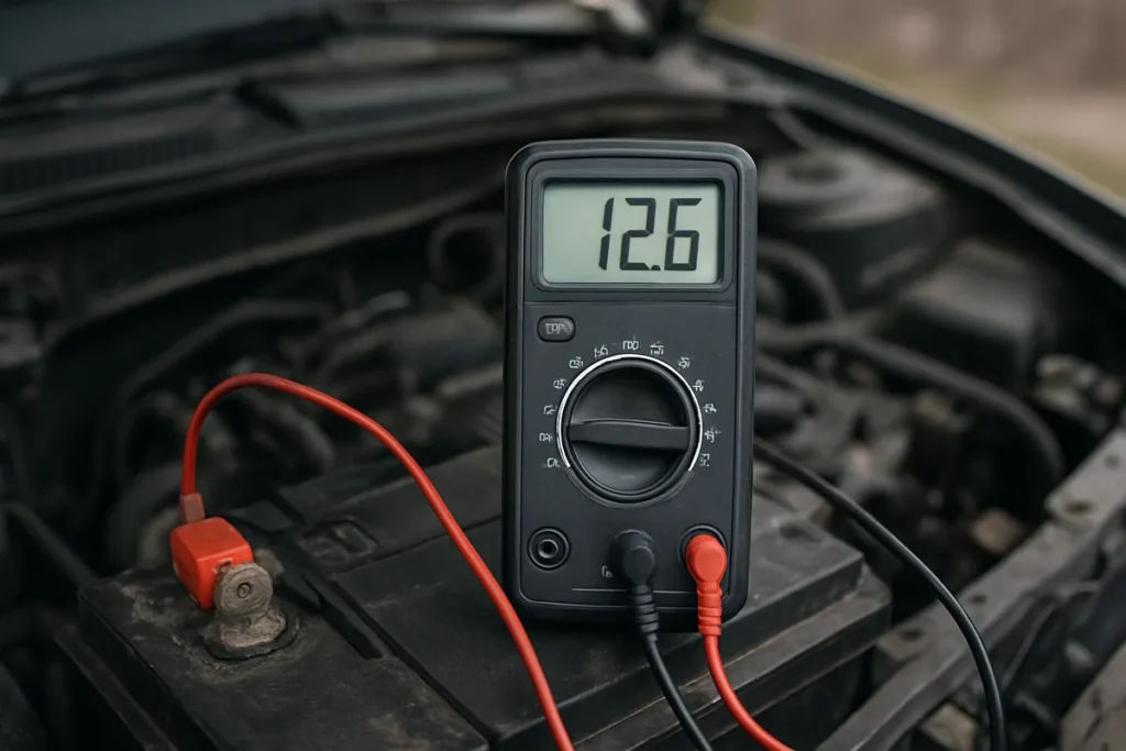 Multimeter probes on car battery terminals reading 12.6 volts