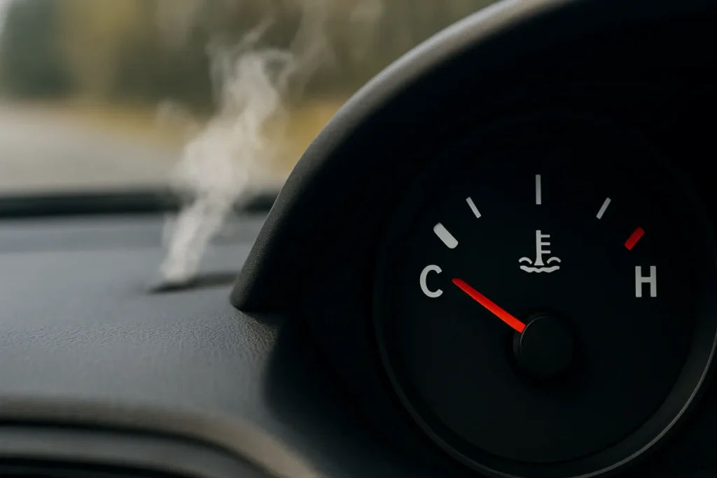Why Is My Car Overheating? What to Do Right Now Car temperature gauge in the red zone with steam rising from under the hood