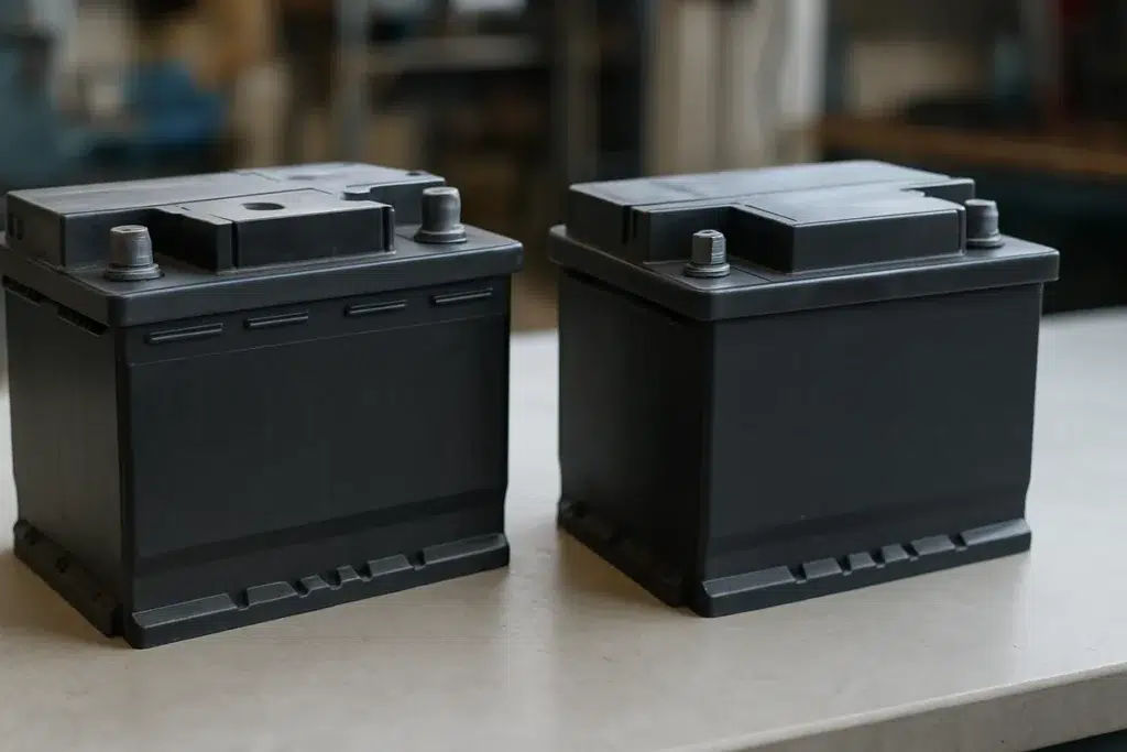 AGM vs Standard Car Battery: Which Do You Need? AGM car battery and a standard flooded car battery side by side