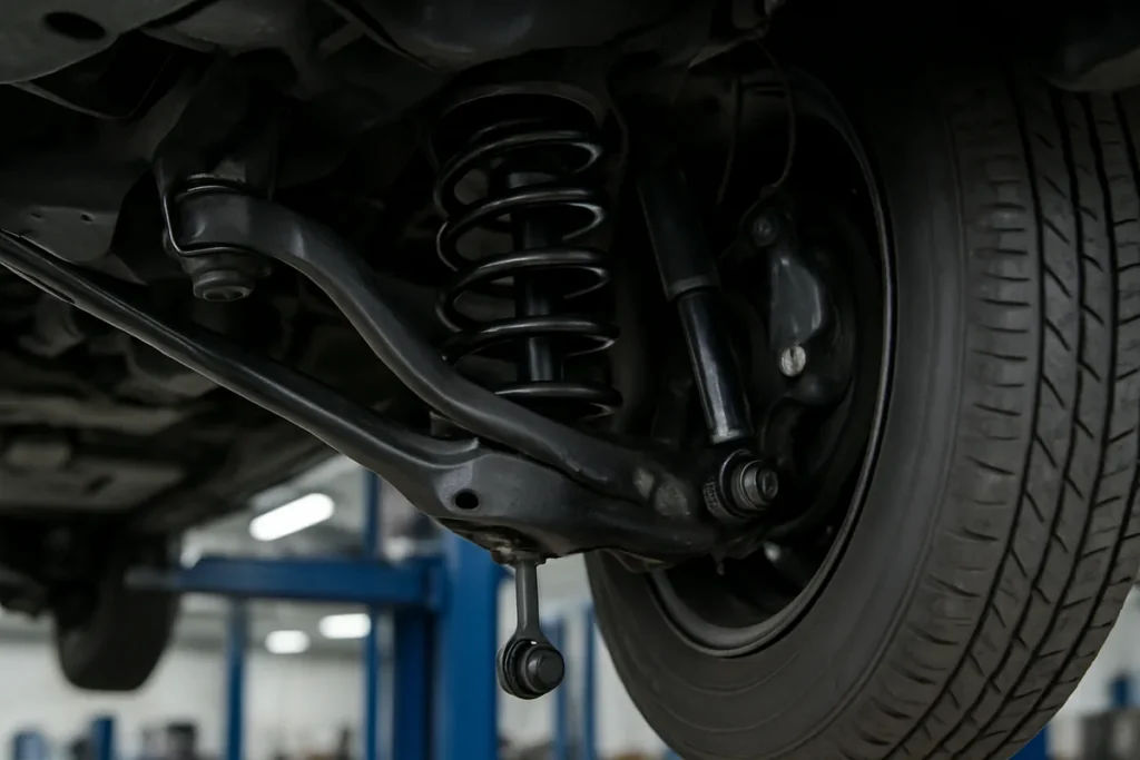 Car Clunking Noise Over Bumps: Causes & Fixes Car suspension components underneath, source of a clunking noise over bumps