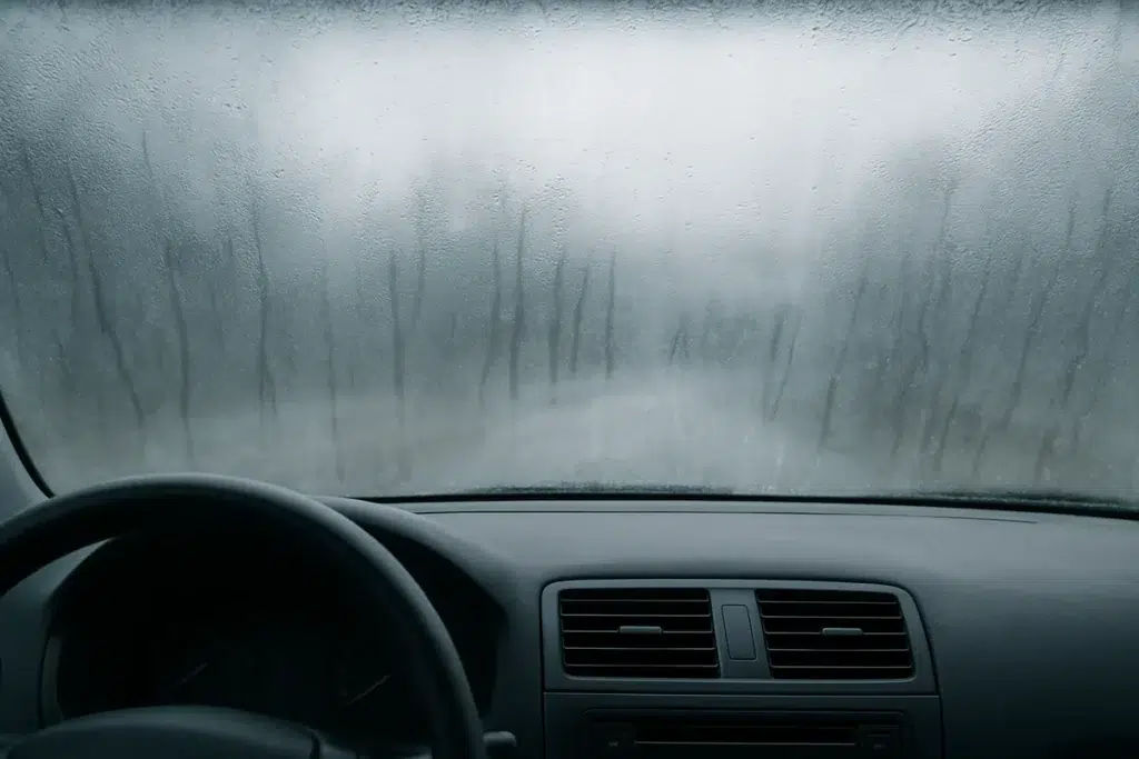 Foggy car windshield that the defroster is failing to clear