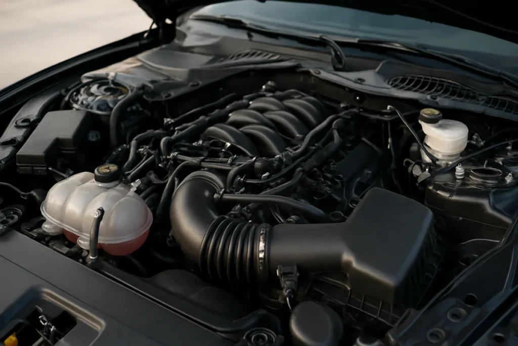 Engine bay showing the engine mounts and throttle body, common sources of shaking at idle