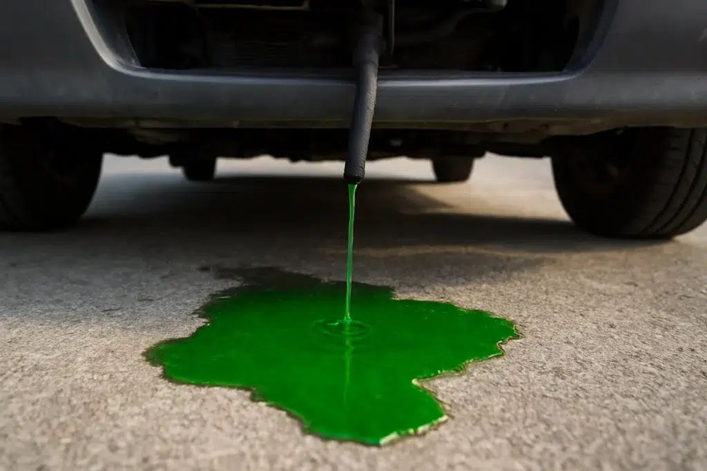 Green coolant leaking under a car engine, source of a sweet smell