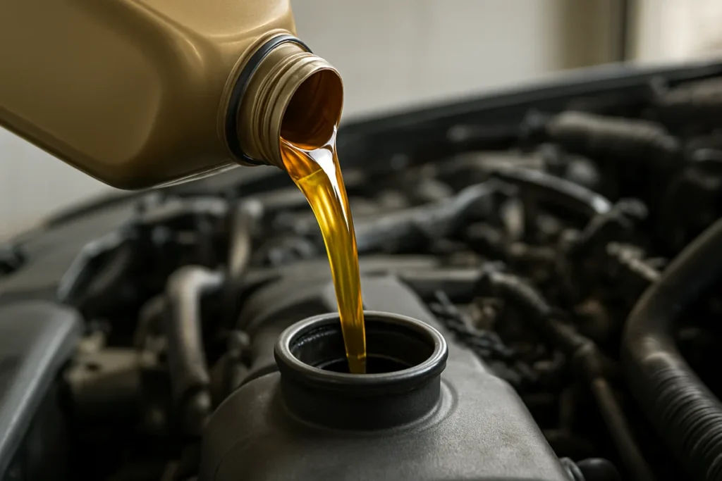 Full synthetic motor oil being poured into an engine at an oil change