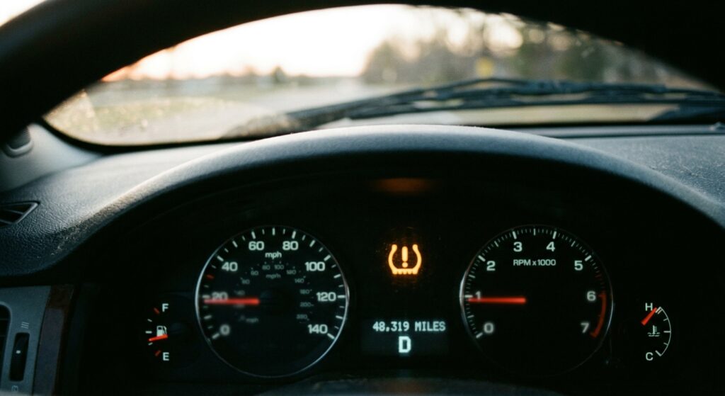 TPMS tire pressure warning light (horseshoe with exclamation) on a dashboard