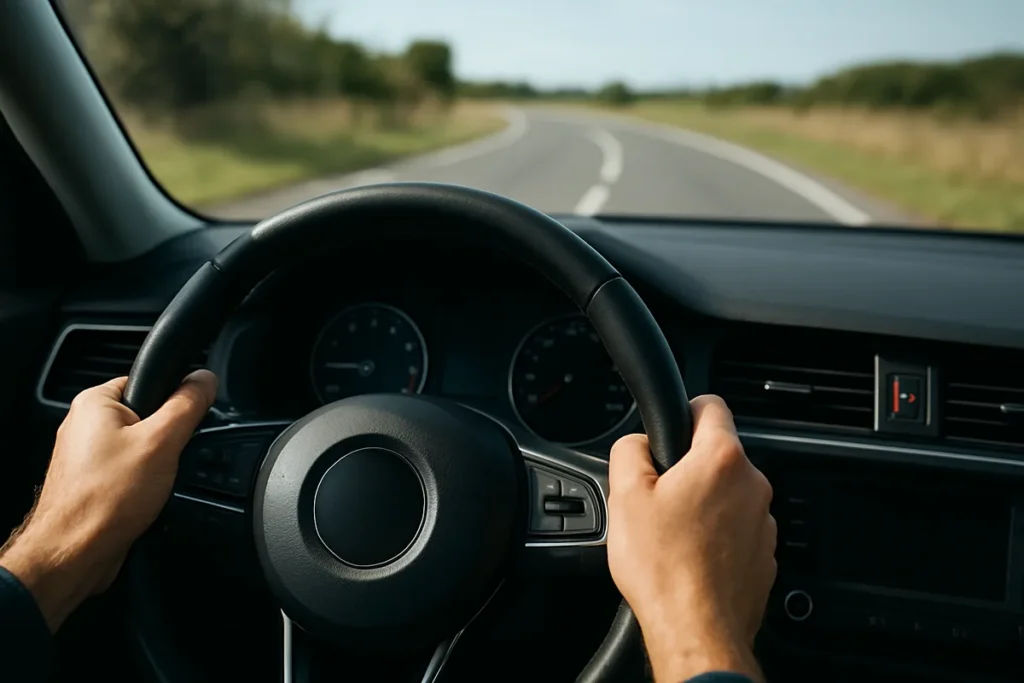 Steering wheel held straight while the car drifts to one side of the lane