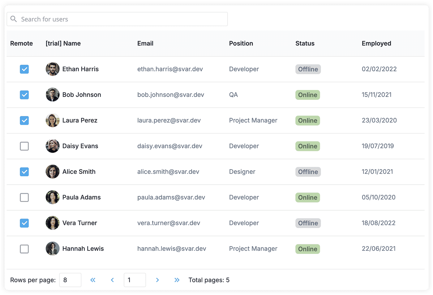 Svelte DataGrid - Users Table Demo