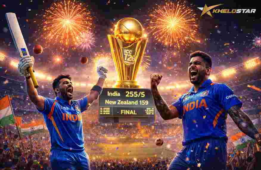Khelostar coverage of India winning T20 World Cup 2026 final defeating New Zealand by 96 runs with final score 255/5 vs 159 at Narendra Modi Stadium Ahmedabad