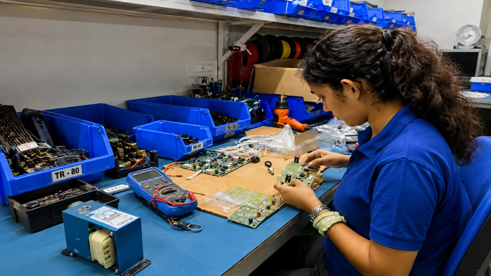 A CKS craftsman fitting a compression driver and woofer into a speaker cabinet