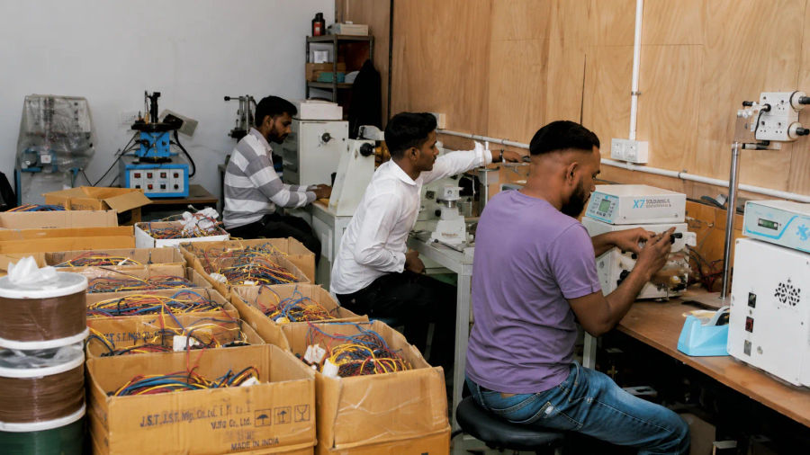 Sub-assembly bench during a production run