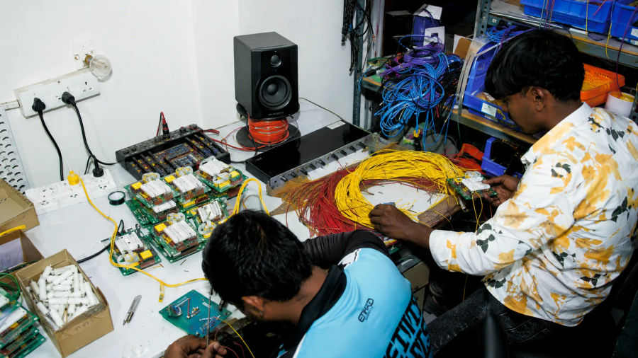 Wiring looms prepared for final assembly