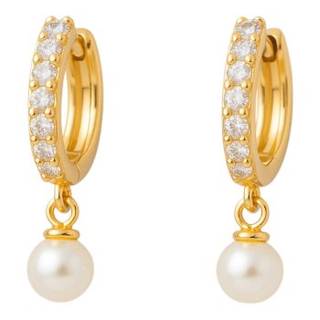 18k Gold Plated Sterling Silver Pearl Drop Hoop Earrings with Cubic Zirconia – Elegant Jewelry for Women
